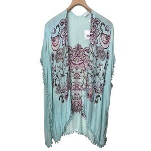 NWT Shiraleah Ellis Blue Mint Fringe Boho Cover Up Kimono One Size